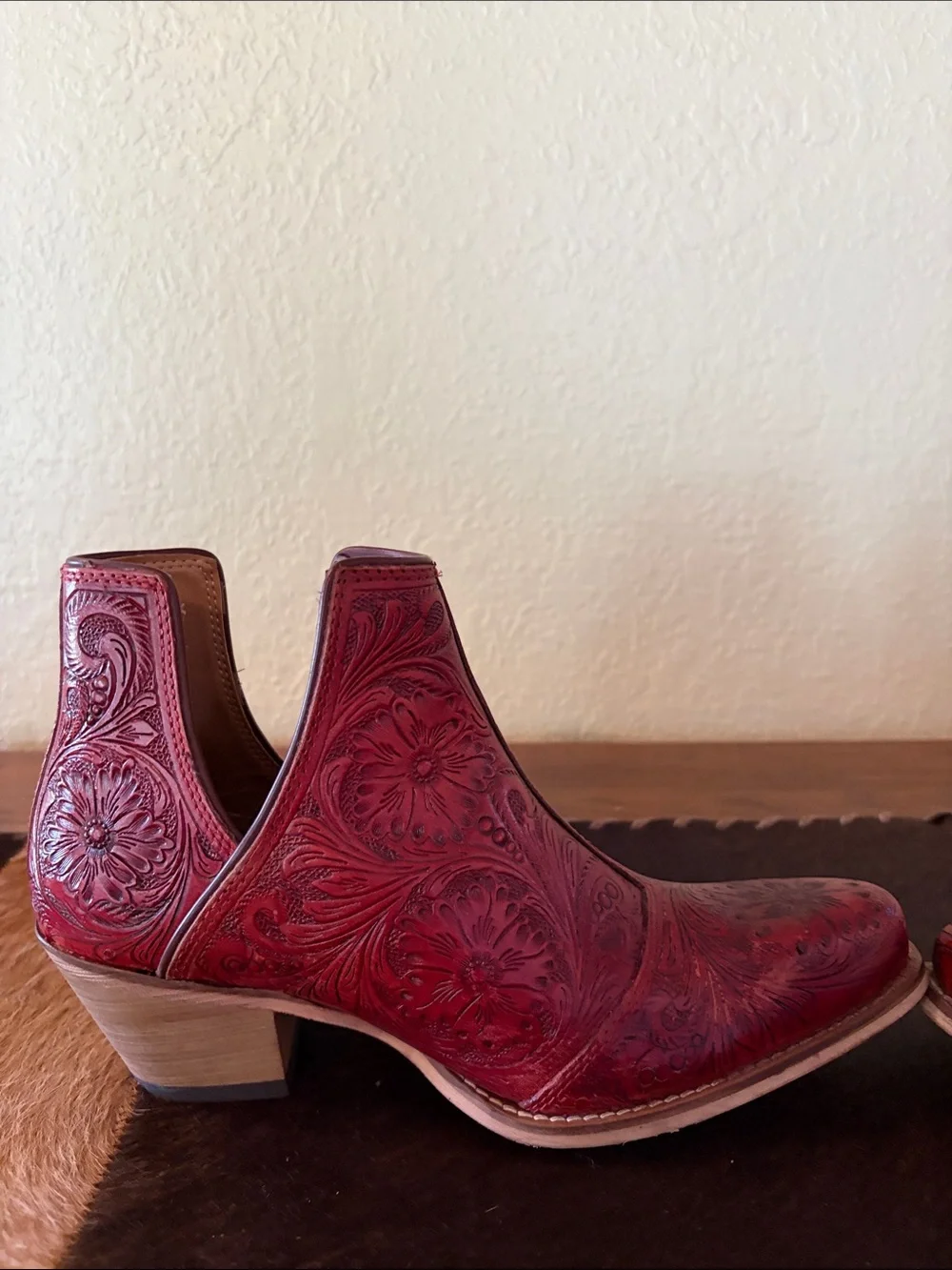 Myra Bag Red Tooled Floral Leather Ankle Booties - Picture 8 of 12